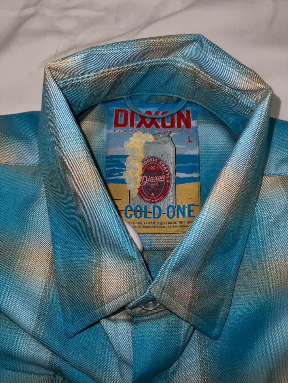 Dixxon Flannel Co. Men's A Cold One Blue and Tan Plaid Flannel Shirt - Picture 4 of 4